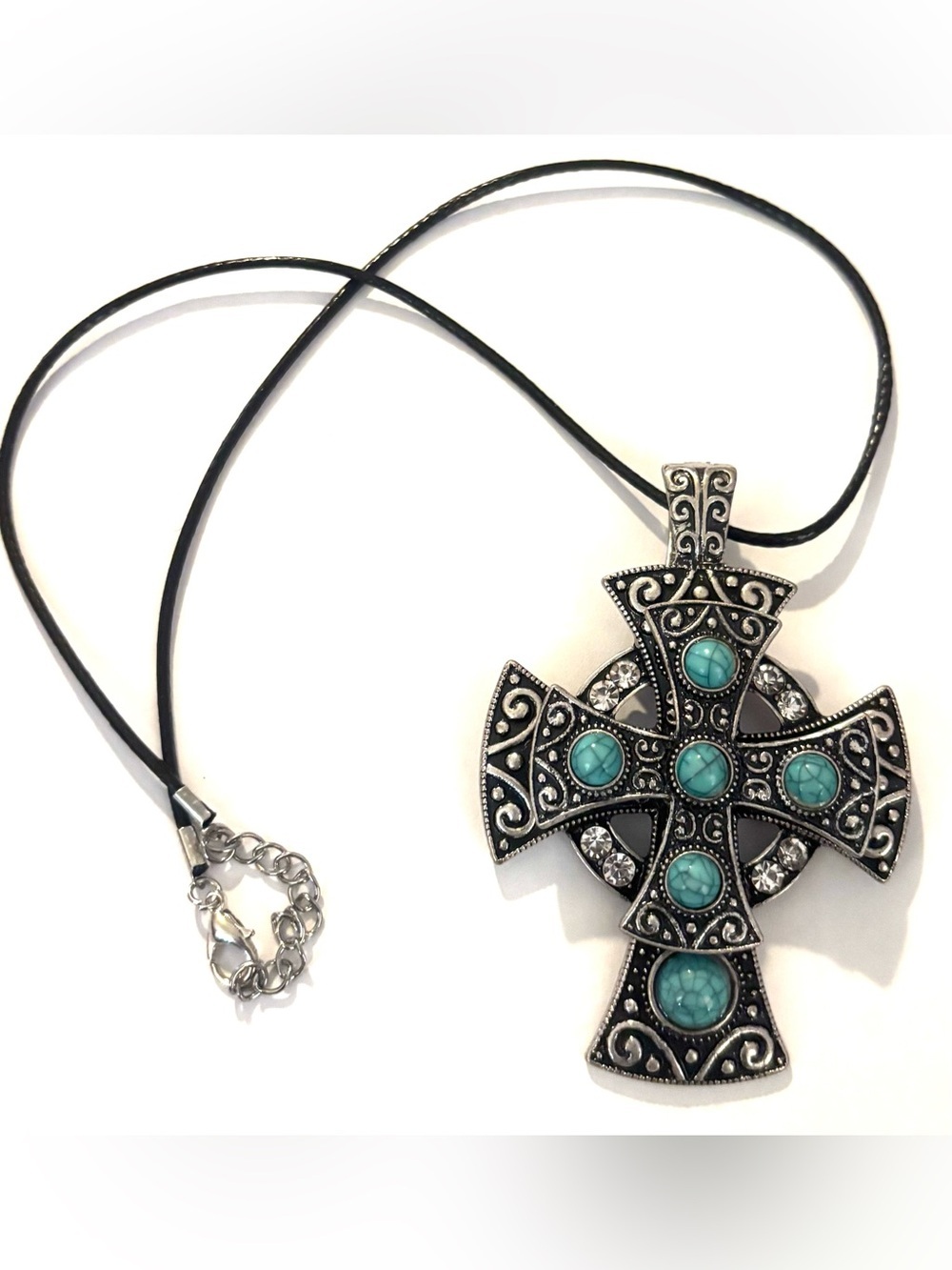 Vintage unisex Turquoise and Silver Cross Pendant Necklace